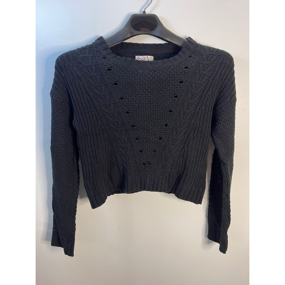 SO Black Cropped Pointelle Knit Sweater Womens Large Long Sleeve‎ Cotton Blend